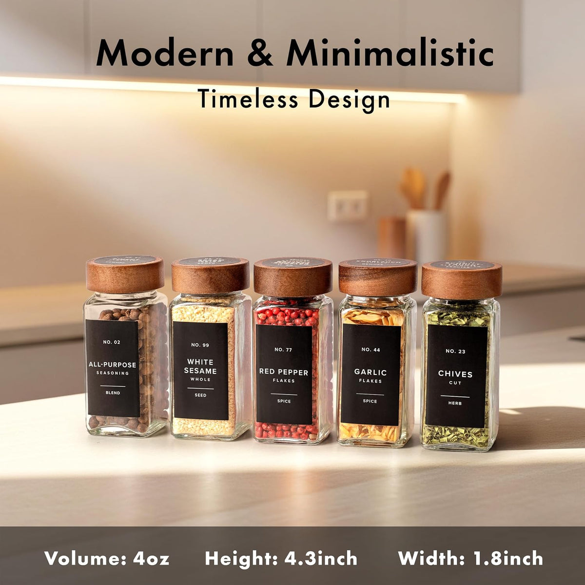 Glass Spice Jars with Label, 24x Acacia Wooden Lids - White Labels | Airtight Lids keep spices fresh, Kitchen Spice Drawer Organizer, 4oz Seasoning Containers incl. Funnel, Brush & 240 Labels