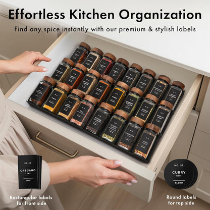Glass Spice Jars with Label, 24x Acacia Wooden Lids - White Labels | Airtight Lids keep spices fresh, Kitchen Spice Drawer Organizer, 4oz Seasoning Containers incl. Funnel, Brush & 240 Labels