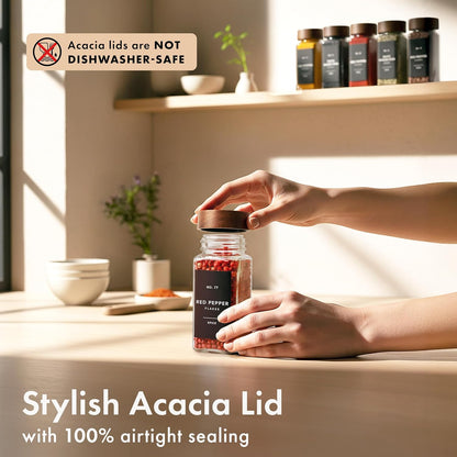 Glass Spice Jars with Label, 24x Acacia Wooden Lids - White Labels | Airtight Lids keep spices fresh, Kitchen Spice Drawer Organizer, 4oz Seasoning Containers incl. Funnel, Brush & 240 Labels