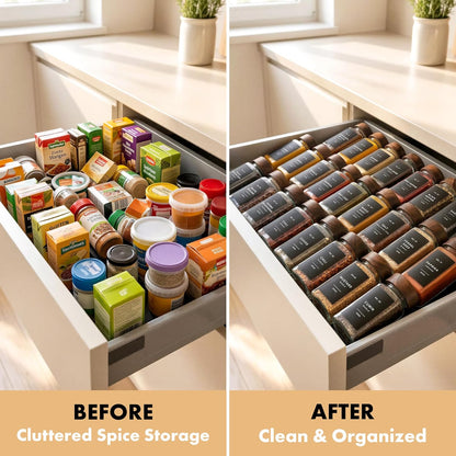 Glass Spice Jars with Label, 24x Acacia Wooden Lids - White Labels | Airtight Lids keep spices fresh, Kitchen Spice Drawer Organizer, 4oz Seasoning Containers incl. Funnel, Brush & 240 Labels