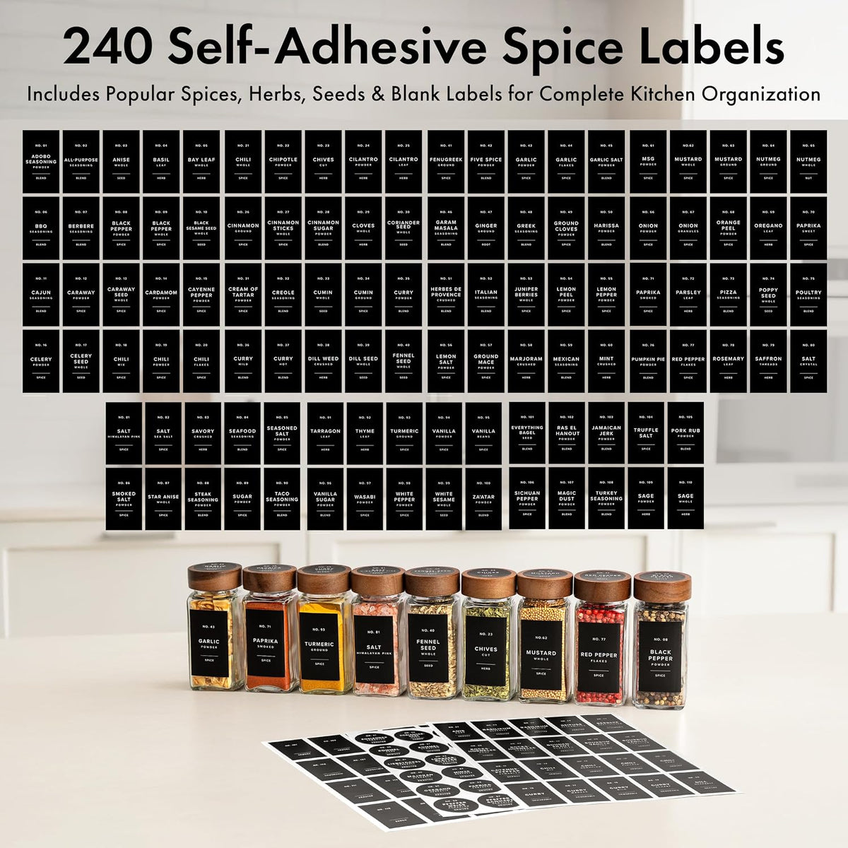 Glass Spice Jars with Label, 24x Acacia Wooden Lids - White Labels | Airtight Lids keep spices fresh, Kitchen Spice Drawer Organizer, 4oz Seasoning Containers incl. Funnel, Brush & 240 Labels