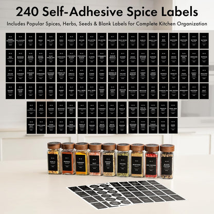 Glass Spice Jars with Label, 24x Acacia Wooden Lids - White Labels | Airtight Lids keep spices fresh, Kitchen Spice Drawer Organizer, 4oz Seasoning Containers incl. Funnel, Brush & 240 Labels