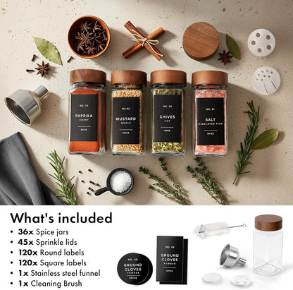Glass Spice Jars with Label, 24x Acacia Wooden Lids - White Labels | Airtight Lids keep spices fresh, Kitchen Spice Drawer Organizer, 4oz Seasoning Containers incl. Funnel, Brush & 240 Labels