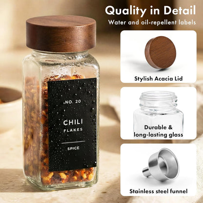 Glass Spice Jars with Label, 24x Acacia Wooden Lids - White Labels | Airtight Lids keep spices fresh, Kitchen Spice Drawer Organizer, 4oz Seasoning Containers incl. Funnel, Brush & 240 Labels