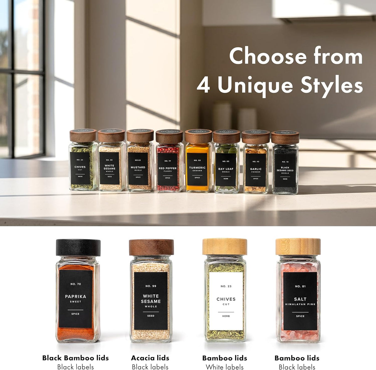 Glass Spice Jars with Label, 24x Acacia Wooden Lids - White Labels | Airtight Lids keep spices fresh, Kitchen Spice Drawer Organizer, 4oz Seasoning Containers incl. Funnel, Brush & 240 Labels