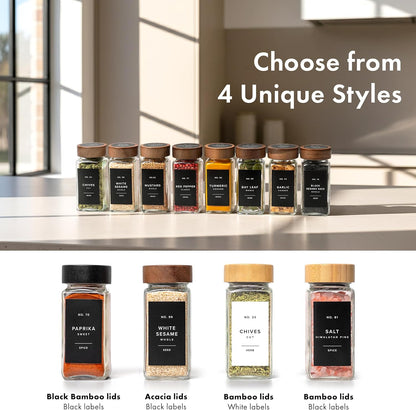 Glass Spice Jars with Label, 24x Acacia Wooden Lids - White Labels | Airtight Lids keep spices fresh, Kitchen Spice Drawer Organizer, 4oz Seasoning Containers incl. Funnel, Brush & 240 Labels
