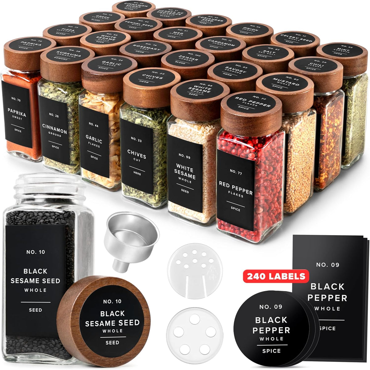 Glass Spice Jars with Label, 24x Acacia Wooden Lids - White Labels | Airtight Lids keep spices fresh, Kitchen Spice Drawer Organizer, 4oz Seasoning Containers incl. Funnel, Brush & 240 Labels