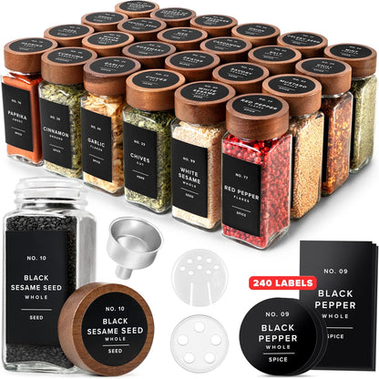 Glass Spice Jars with Label, 24x Acacia Wooden Lids - White Labels | Airtight Lids keep spices fresh, Kitchen Spice Drawer Organizer, 4oz Seasoning Containers incl. Funnel, Brush & 240 Labels
