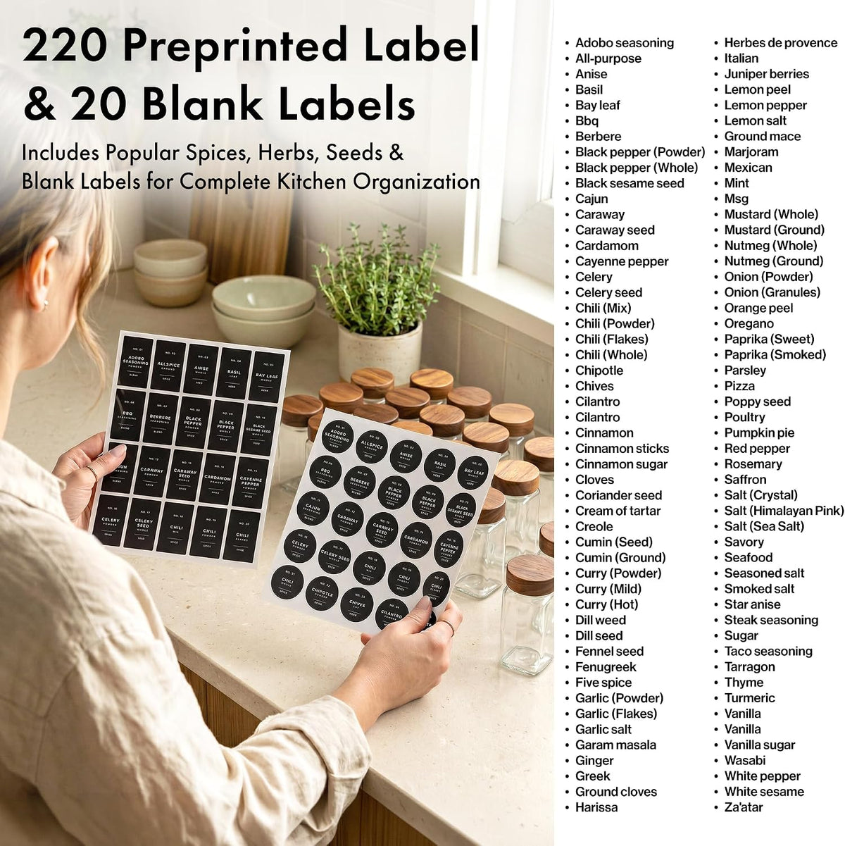 Glass Spice Jars with Label, 24x Acacia Wooden Lids - White Labels | Airtight Lids keep spices fresh, Kitchen Spice Drawer Organizer, 4oz Seasoning Containers incl. Funnel, Brush & 240 Labels