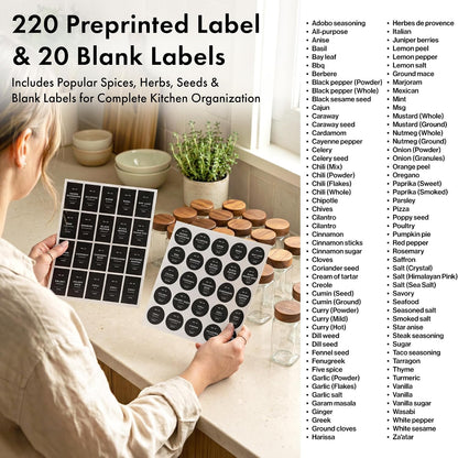 Glass Spice Jars with Label, 24x Acacia Wooden Lids - White Labels | Airtight Lids keep spices fresh, Kitchen Spice Drawer Organizer, 4oz Seasoning Containers incl. Funnel, Brush & 240 Labels