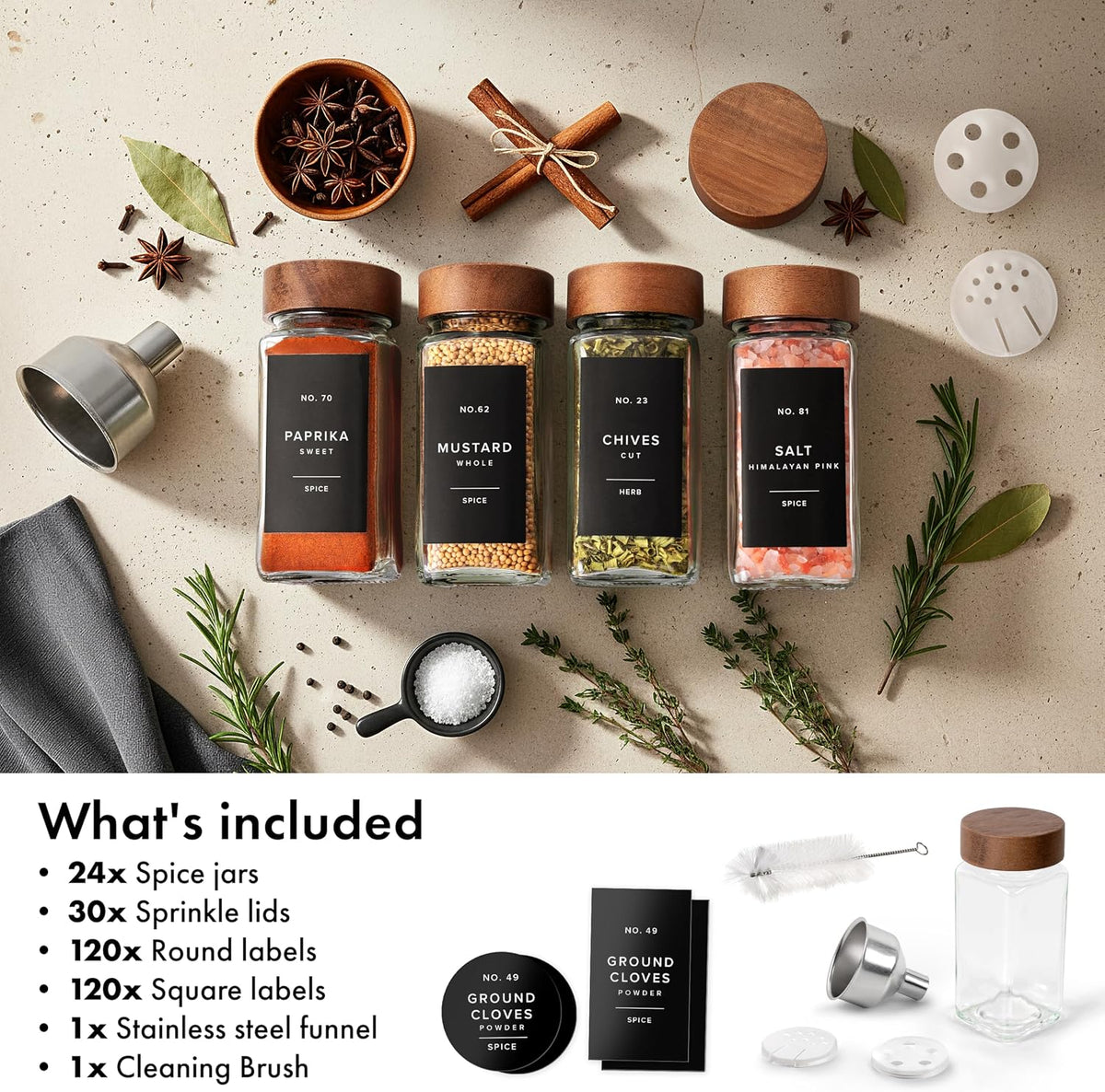 Glass Spice Jars with Label, 24x Acacia Wooden Lids - White Labels | Airtight Lids keep spices fresh, Kitchen Spice Drawer Organizer, 4oz Seasoning Containers incl. Funnel, Brush & 240 Labels