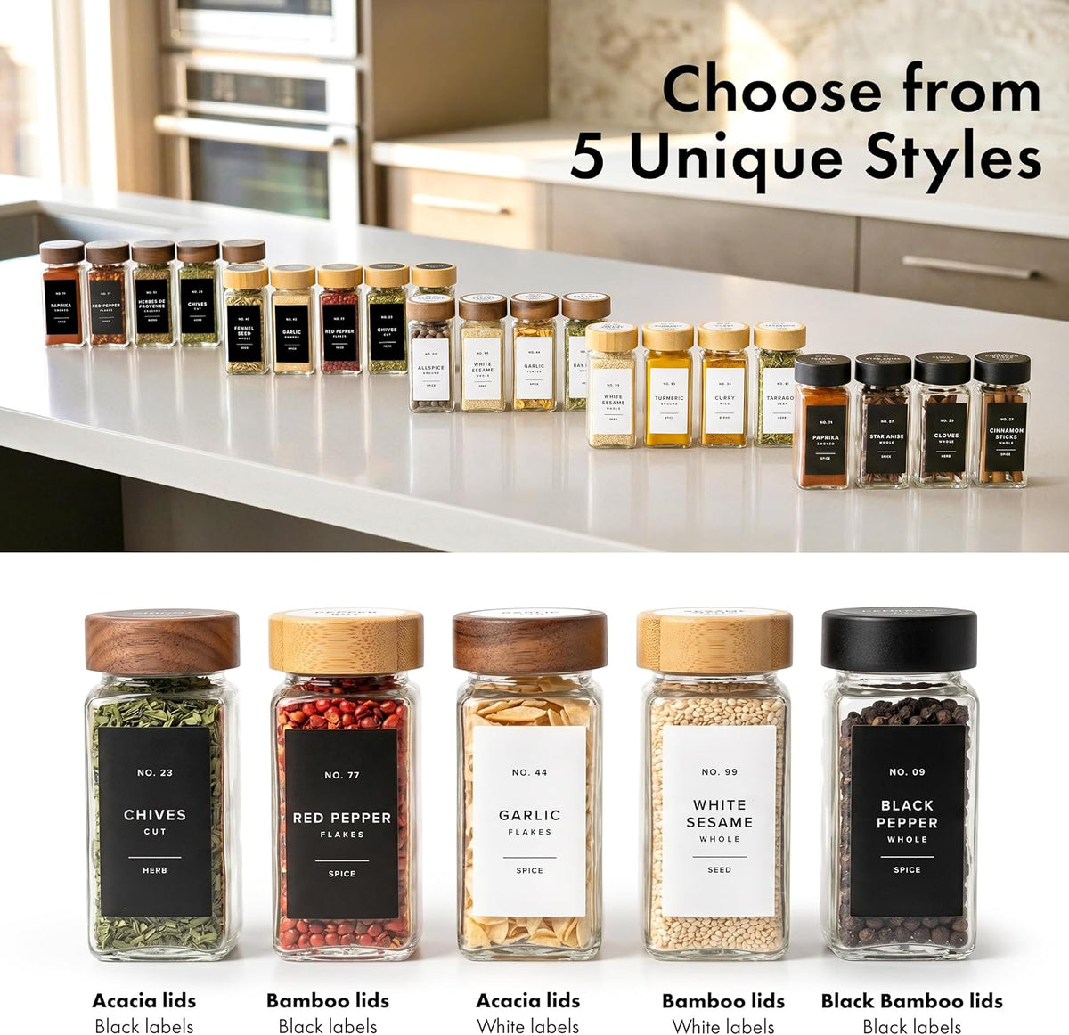 Glass Spice Jars with Label, 24x Acacia Wooden Lids - White Labels | Airtight Lids keep spices fresh, Kitchen Spice Drawer Organizer, 4oz Seasoning Containers incl. Funnel, Brush & 240 Labels