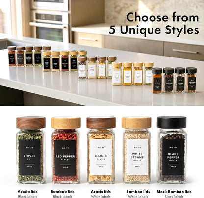 Glass Spice Jars with Label, 24x Acacia Wooden Lids - White Labels | Airtight Lids keep spices fresh, Kitchen Spice Drawer Organizer, 4oz Seasoning Containers incl. Funnel, Brush & 240 Labels