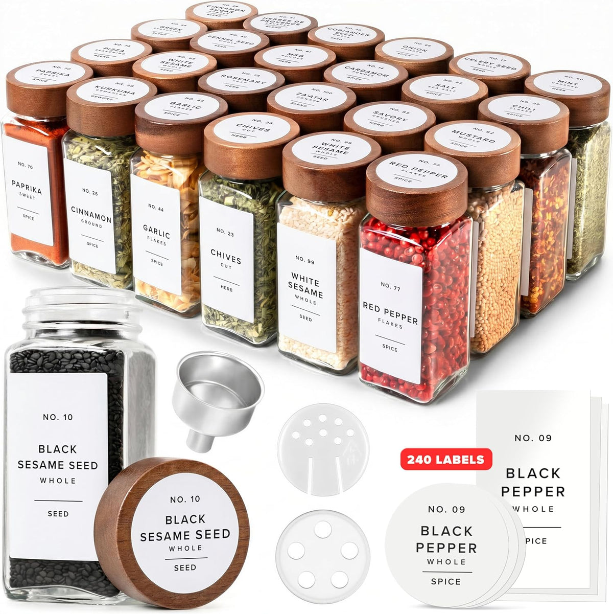 Glass Spice Jars with Label, 24x Acacia Wooden Lids - White Labels | Airtight Lids keep spices fresh, Kitchen Spice Drawer Organizer, 4oz Seasoning Containers incl. Funnel, Brush & 240 Labels