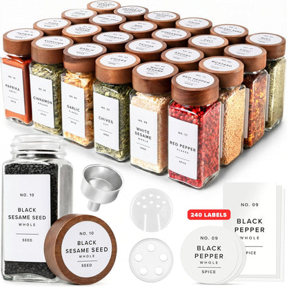 Glass Spice Jars with Label, 24x Acacia Wooden Lids - White Labels | Airtight Lids keep spices fresh, Kitchen Spice Drawer Organizer, 4oz Seasoning Containers incl. Funnel, Brush & 240 Labels