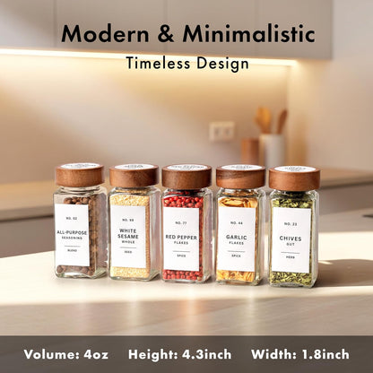 Glass Spice Jars with Label, 24x Acacia Wooden Lids - White Labels | Airtight Lids keep spices fresh, Kitchen Spice Drawer Organizer, 4oz Seasoning Containers incl. Funnel, Brush & 240 Labels