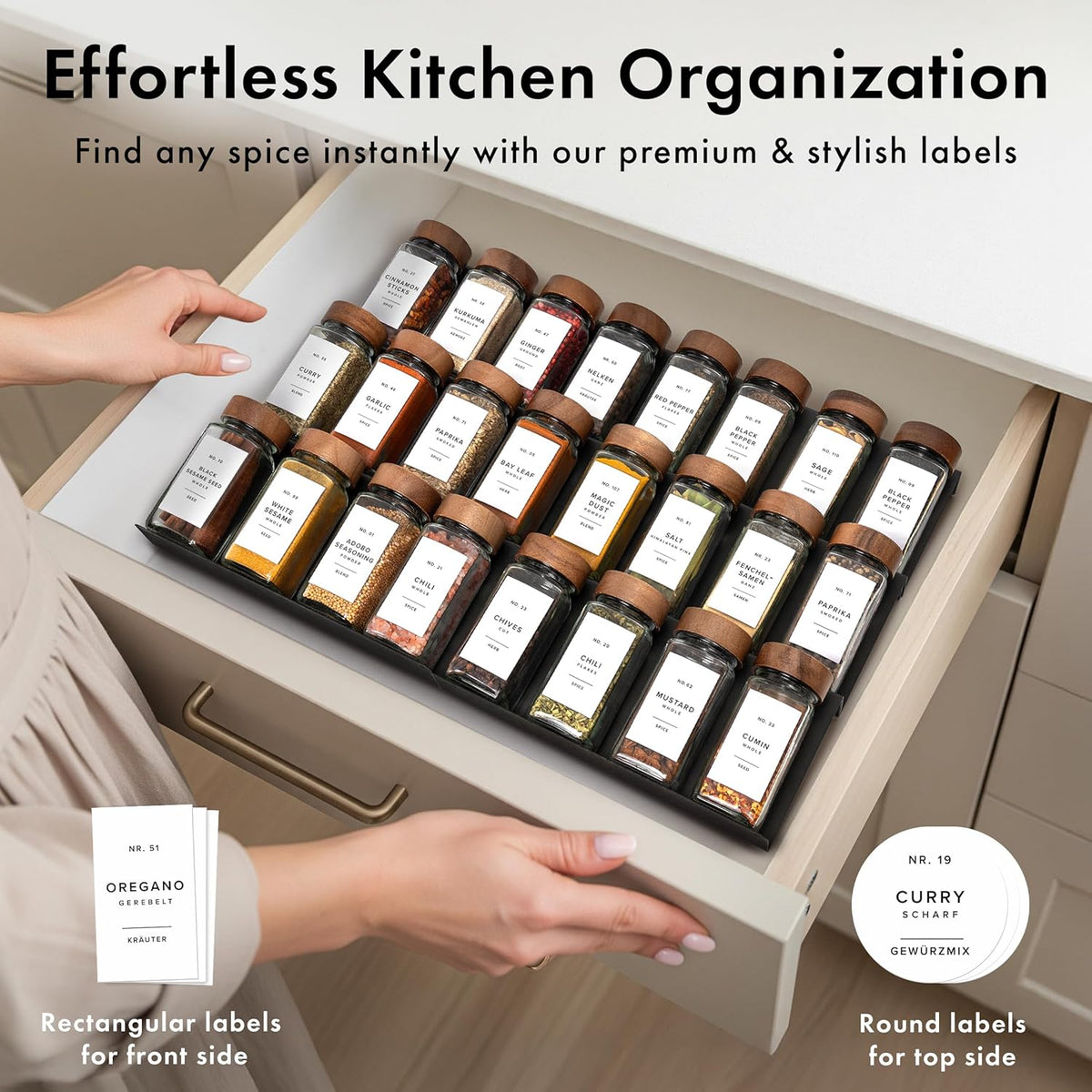 Glass Spice Jars with Label, 24x Acacia Wooden Lids - White Labels | Airtight Lids keep spices fresh, Kitchen Spice Drawer Organizer, 4oz Seasoning Containers incl. Funnel, Brush & 240 Labels