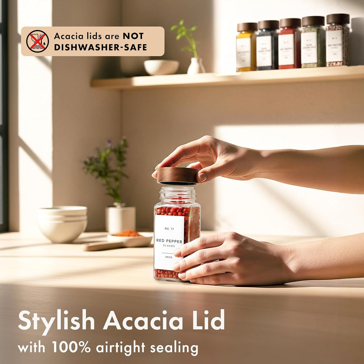 Glass Spice Jars with Label, 24x Acacia Wooden Lids - White Labels | Airtight Lids keep spices fresh, Kitchen Spice Drawer Organizer, 4oz Seasoning Containers incl. Funnel, Brush & 240 Labels