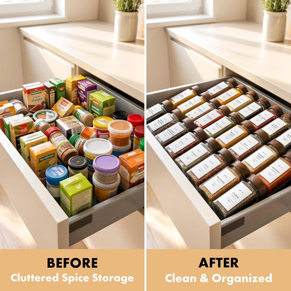 Glass Spice Jars with Label, 24x Acacia Wooden Lids - White Labels | Airtight Lids keep spices fresh, Kitchen Spice Drawer Organizer, 4oz Seasoning Containers incl. Funnel, Brush & 240 Labels