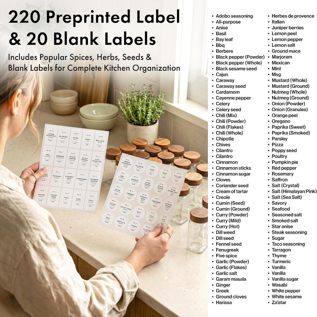 Glass Spice Jars with Label, 24x Acacia Wooden Lids - White Labels | Airtight Lids keep spices fresh, Kitchen Spice Drawer Organizer, 4oz Seasoning Containers incl. Funnel, Brush & 240 Labels