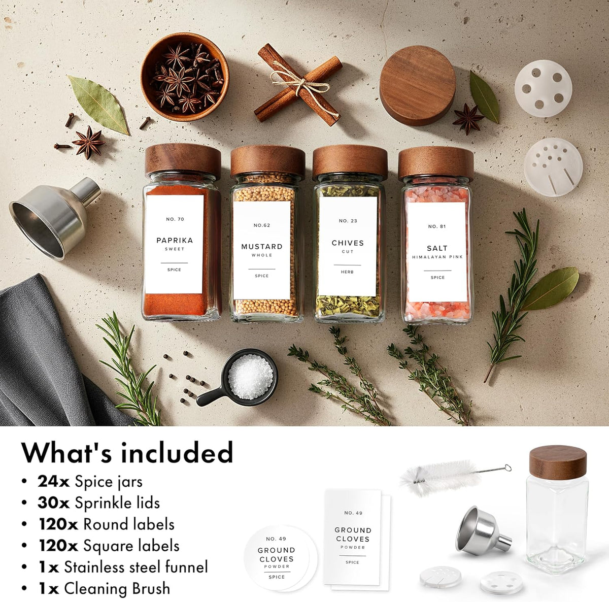 Glass Spice Jars with Label, 24x Acacia Wooden Lids - White Labels | Airtight Lids keep spices fresh, Kitchen Spice Drawer Organizer, 4oz Seasoning Containers incl. Funnel, Brush & 240 Labels