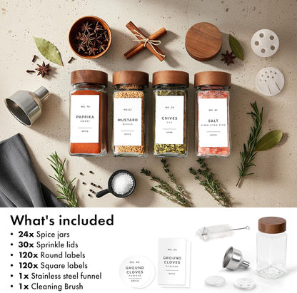 Glass Spice Jars with Label, 24x Acacia Wooden Lids - White Labels | Airtight Lids keep spices fresh, Kitchen Spice Drawer Organizer, 4oz Seasoning Containers incl. Funnel, Brush & 240 Labels