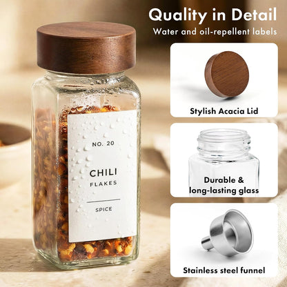 Glass Spice Jars with Label, 24x Acacia Wooden Lids - White Labels | Airtight Lids keep spices fresh, Kitchen Spice Drawer Organizer, 4oz Seasoning Containers incl. Funnel, Brush & 240 Labels