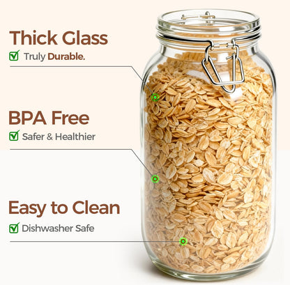 Glass Pantry Jars with Airtight Lids 0.7 Gal 2 Pack Wide Mouth Flour | BPA-free food-grade glass, wire clamp seal, wide mouth, 88 oz, bulk flour & sugar, rice, sourdough starter, candy & cookie