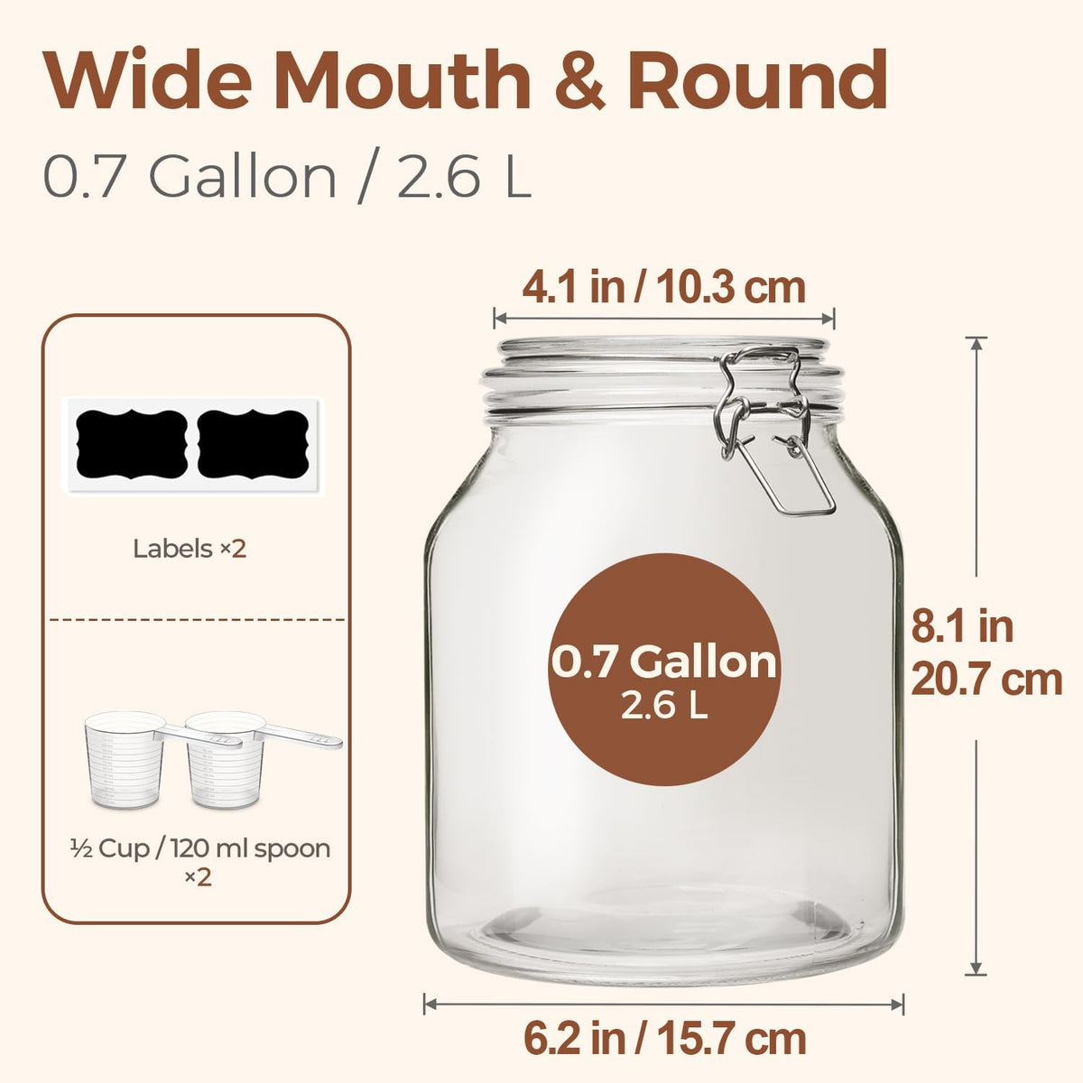 Glass Pantry Jars with Airtight Lids 0.7 Gal 2 Pack Wide Mouth Flour | BPA-free food-grade glass, wire clamp seal, wide mouth, 88 oz, bulk flour & sugar, rice, sourdough starter, candy & cookie