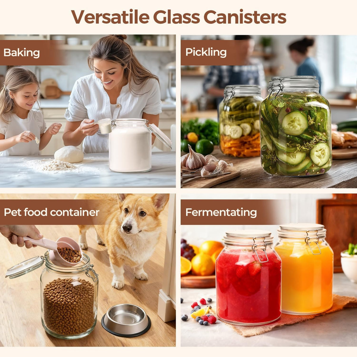Glass Pantry Jars with Airtight Lids 0.7 Gal 2 Pack Wide Mouth Flour | BPA-free food-grade glass, wire clamp seal, wide mouth, 88 oz, bulk flour & sugar, rice, sourdough starter, candy & cookie