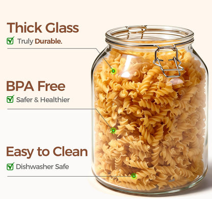 Glass Pantry Jars with Airtight Lids 0.7 Gal 2 Pack Wide Mouth Flour | BPA-free food-grade glass, wire clamp seal, wide mouth, 88 oz, bulk flour & sugar, rice, sourdough starter, candy & cookie