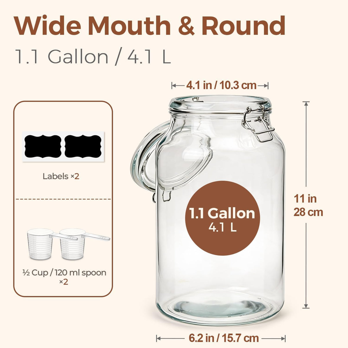 Glass Pantry Jars with Airtight Lids 0.7 Gal 2 Pack Wide Mouth Flour | BPA-free food-grade glass, wire clamp seal, wide mouth, 88 oz, bulk flour & sugar, rice, sourdough starter, candy & cookie