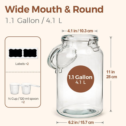 Glass Pantry Jars with Airtight Lids 0.7 Gal 2 Pack Wide Mouth Flour | BPA-free food-grade glass, wire clamp seal, wide mouth, 88 oz, bulk flour & sugar, rice, sourdough starter, candy & cookie