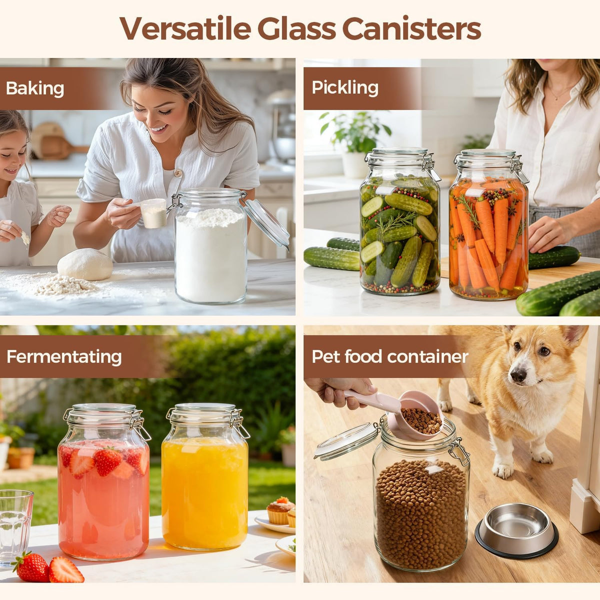 Glass Pantry Jars with Airtight Lids 0.7 Gal 2 Pack Wide Mouth Flour | BPA-free food-grade glass, wire clamp seal, wide mouth, 88 oz, bulk flour & sugar, rice, sourdough starter, candy & cookie