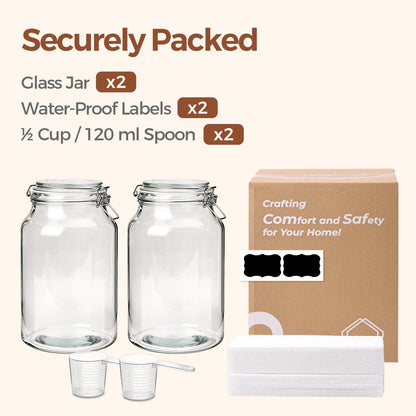 Glass Pantry Jars with Airtight Lids 0.7 Gal 2 Pack Wide Mouth Flour | BPA-free food-grade glass, wire clamp seal, wide mouth, 88 oz, bulk flour & sugar, rice, sourdough starter, candy & cookie