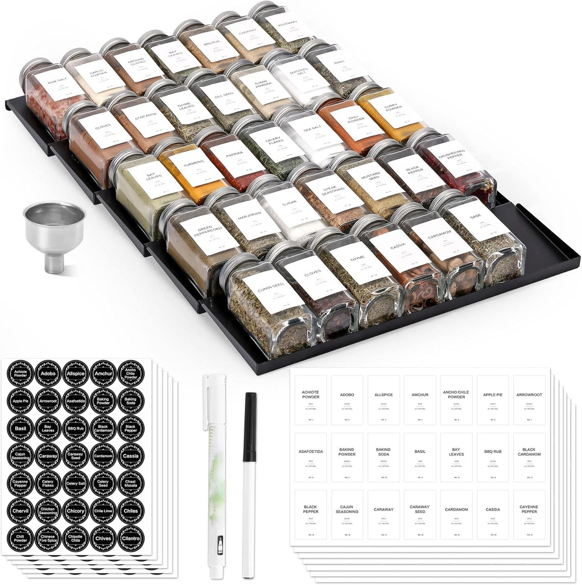 Spice Drawer Organizer with 34 Spice Jars, 378 Spice Labels, 5 Tier - 5 Pack Metal Spice Rack Tray for Drawer/Countertop, 13.7" Wide x 22.6" Deep (Black)