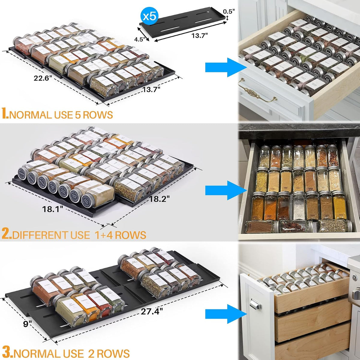 Spice Drawer Organizer with 34 Spice Jars, 378 Spice Labels, 5 Tier - 5 Pack Metal Spice Rack Tray for Drawer/Countertop, 13.7" Wide x 22.6" Deep (Black)