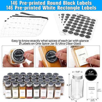 Spice Drawer Organizer with 34 Spice Jars, 378 Spice Labels, 5 Tier - 5 Pack Metal Spice Rack Tray for Drawer/Countertop, 13.7" Wide x 22.6" Deep (Black)