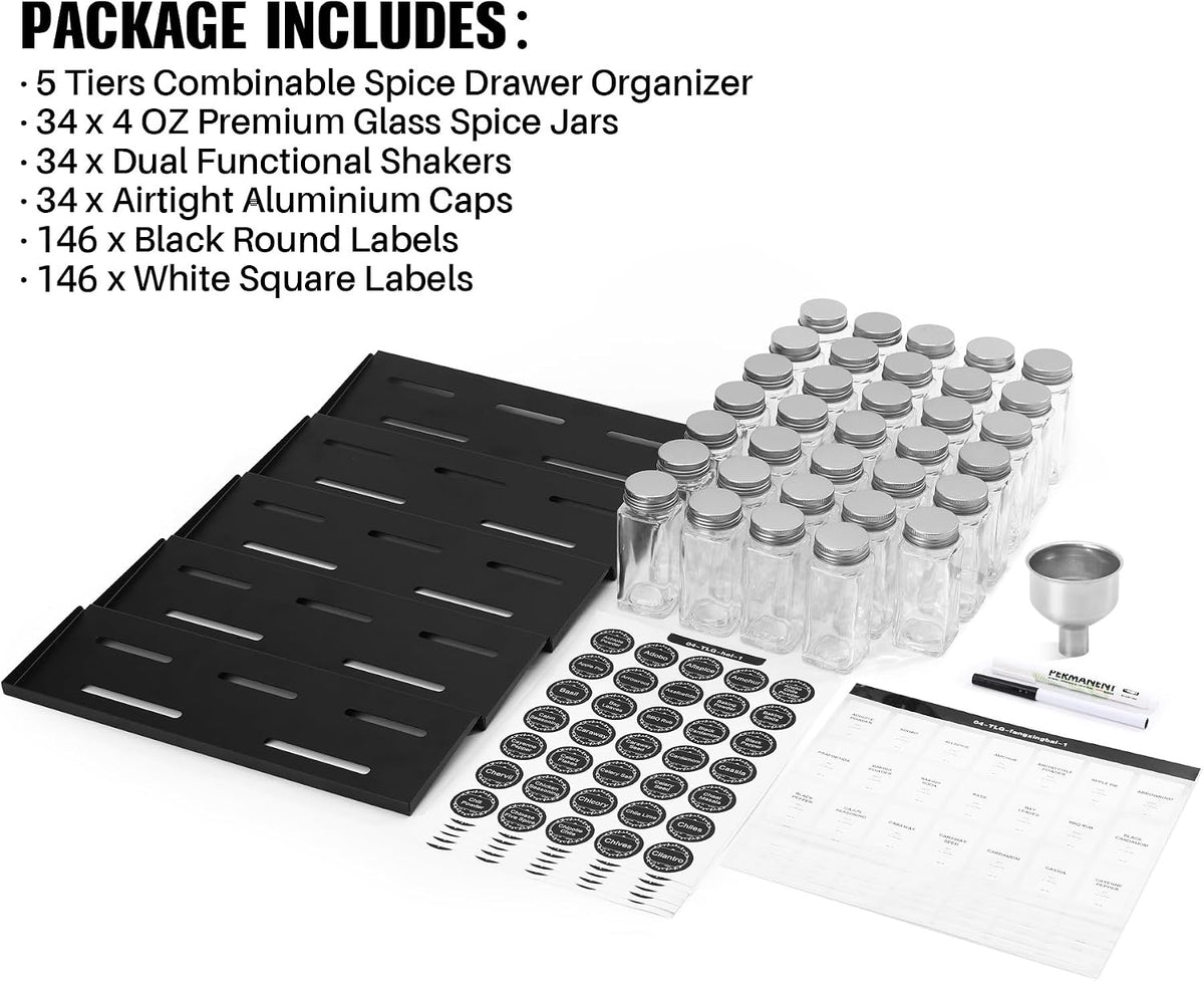 Spice Drawer Organizer with 34 Spice Jars, 378 Spice Labels, 5 Tier - 5 Pack Metal Spice Rack Tray for Drawer/Countertop, 13.7" Wide x 22.6" Deep (Black)