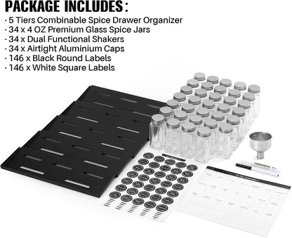 Spice Drawer Organizer with 34 Spice Jars, 378 Spice Labels, 5 Tier - 5 Pack Metal Spice Rack Tray for Drawer/Countertop, 13.7" Wide x 22.6" Deep (Black)