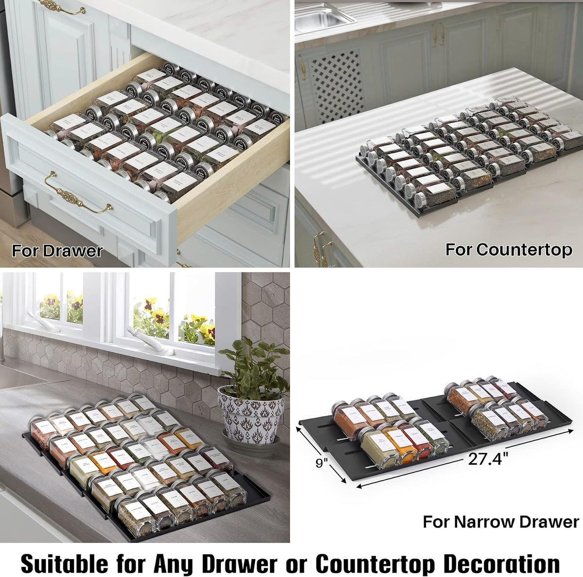 Spice Drawer Organizer with 34 Spice Jars, 378 Spice Labels, 5 Tier - 5 Pack Metal Spice Rack Tray for Drawer/Countertop, 13.7" Wide x 22.6" Deep (Black)