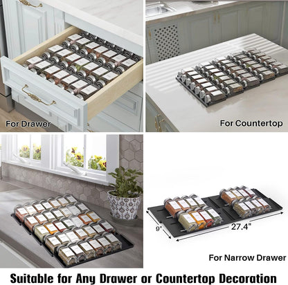 Spice Drawer Organizer with 34 Spice Jars, 378 Spice Labels, 5 Tier - 5 Pack Metal Spice Rack Tray for Drawer/Countertop, 13.7" Wide x 22.6" Deep (Black)