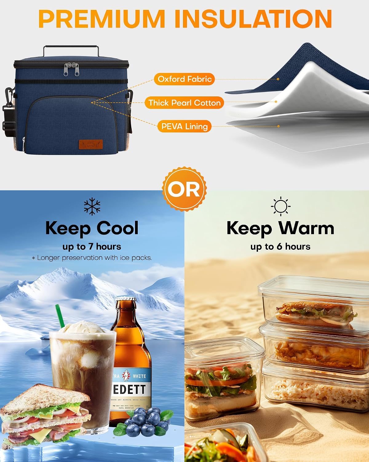 Insulated Lunch Box Men Women Leak-Proof Cooler Lunch Bag 9L