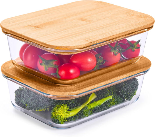 Glass Food Storage Containers with Bamboo Lids (Pack of 2) - Stackable Meal Prep Container - Airtight Glass Food Containers with Lids - Reusable Lunch Pack - 36 Oz