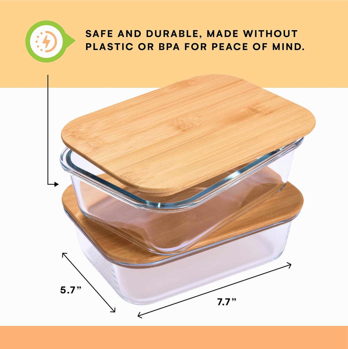 Glass Food Storage Containers with Bamboo Lids (Pack of 2) - Stackable Meal Prep Container - Airtight Glass Food Containers with Lids - Reusable Lunch Pack - 36 Oz