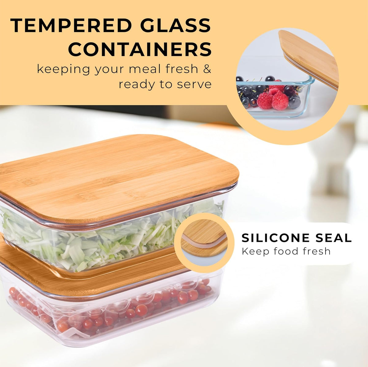 Glass Food Storage Containers with Bamboo Lids (Pack of 2) - Stackable Meal Prep Container - Airtight Glass Food Containers with Lids - Reusable Lunch Pack - 36 Oz