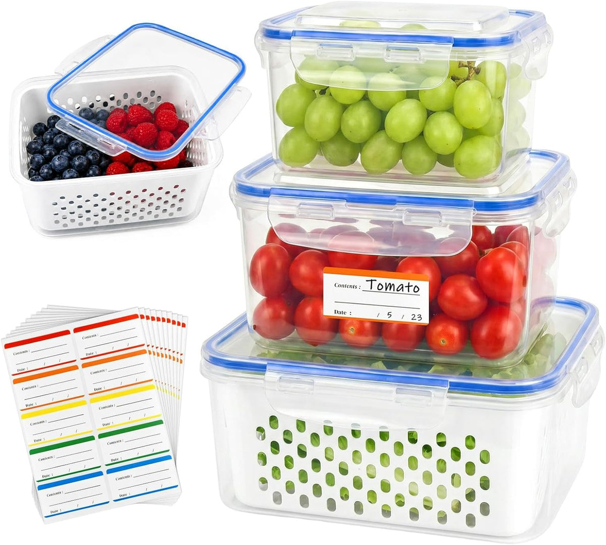 2 Pack Fruit Storage Containers for Fridge with Removable Colanders, Dishwasher & Microwave safe Produce Storage Containers with Lids Keep Fruits, Vegetables, Berry, Meat Fresh longer
