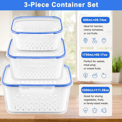 2 Pack Fruit Storage Containers for Fridge with Removable Colanders, Dishwasher & Microwave safe Produce Storage Containers with Lids Keep Fruits, Vegetables, Berry, Meat Fresh longer