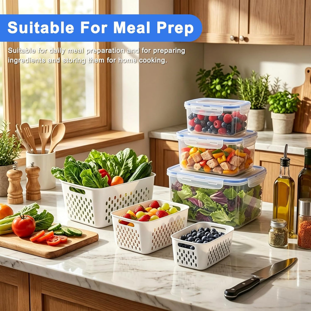 2 Pack Fruit Storage Containers for Fridge with Removable Colanders, Dishwasher & Microwave safe Produce Storage Containers with Lids Keep Fruits, Vegetables, Berry, Meat Fresh longer