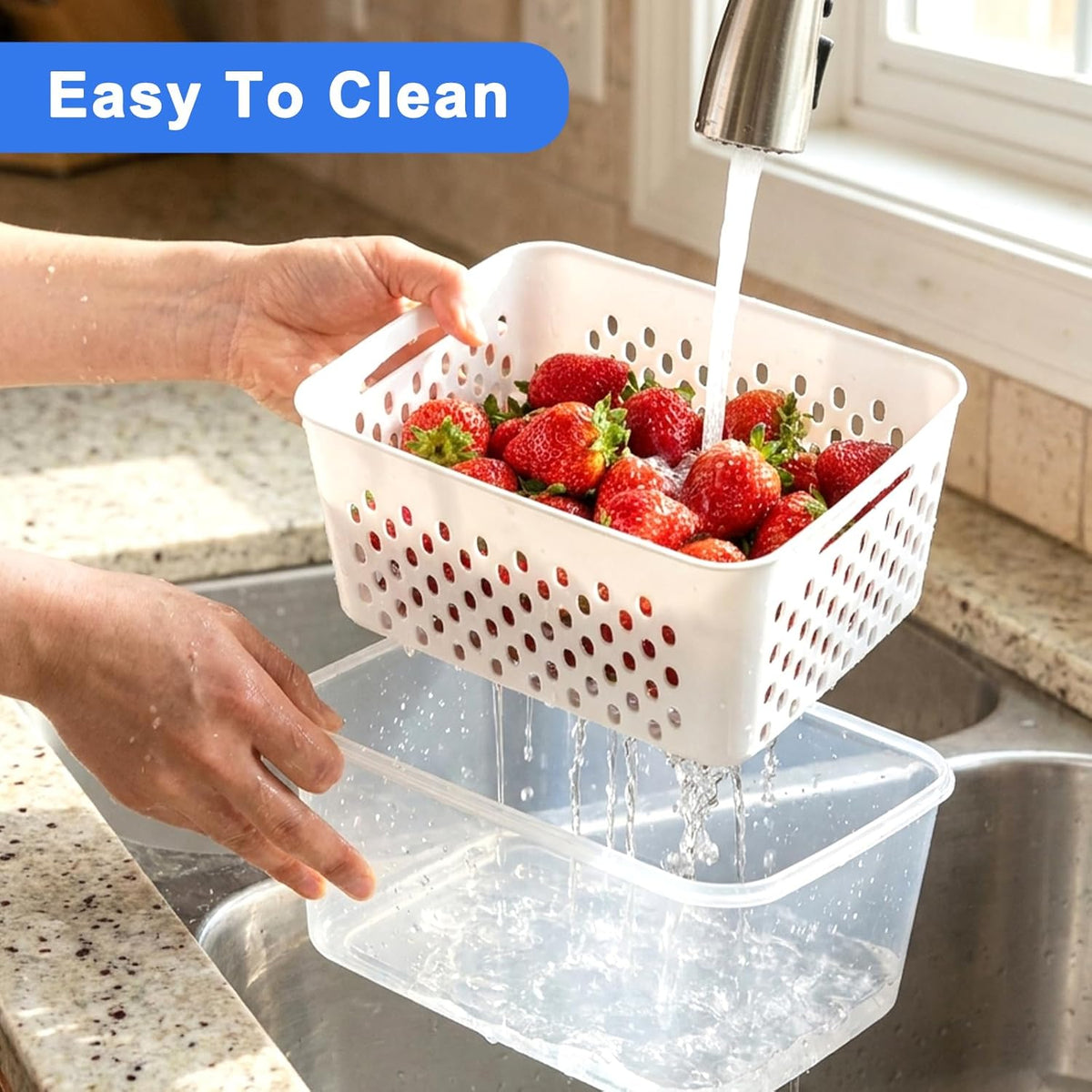 2 Pack Fruit Storage Containers for Fridge with Removable Colanders, Dishwasher & Microwave safe Produce Storage Containers with Lids Keep Fruits, Vegetables, Berry, Meat Fresh longer